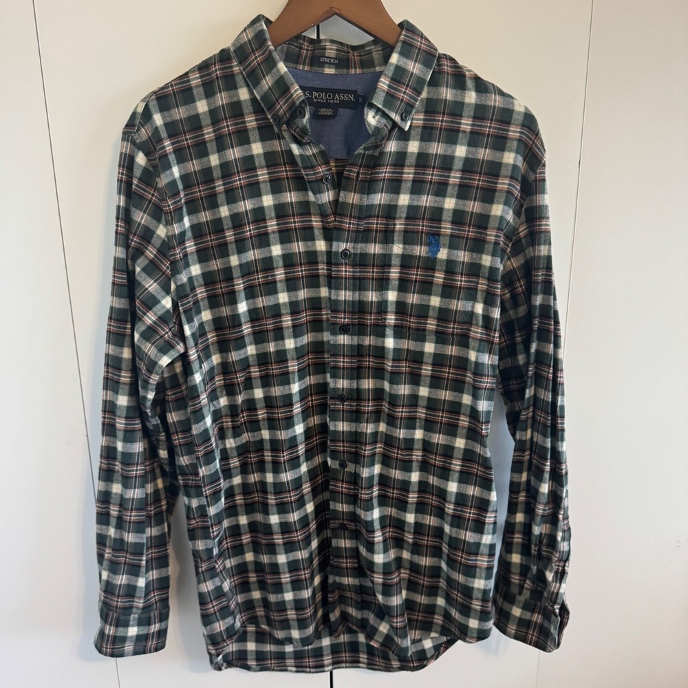 US Polo Assn Mens Medium Green Plaid Long Sleeve Button Down Flannel Shirt
